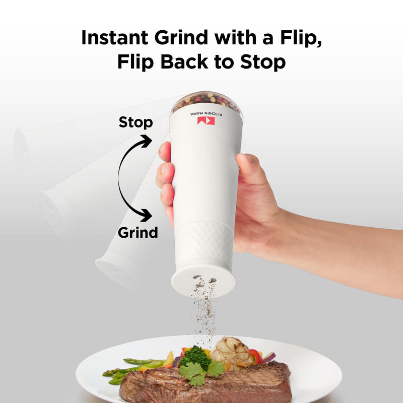 Kitchen Mama FlipTastic Rechargeable Salt and Pepper Grinder – Gravity Electric Grinder, Pepper Mill, Adjustable Coarseness, One-Hand Operation, Large Capacity, Refillable Kitchen Gadgets (White) White Standard
