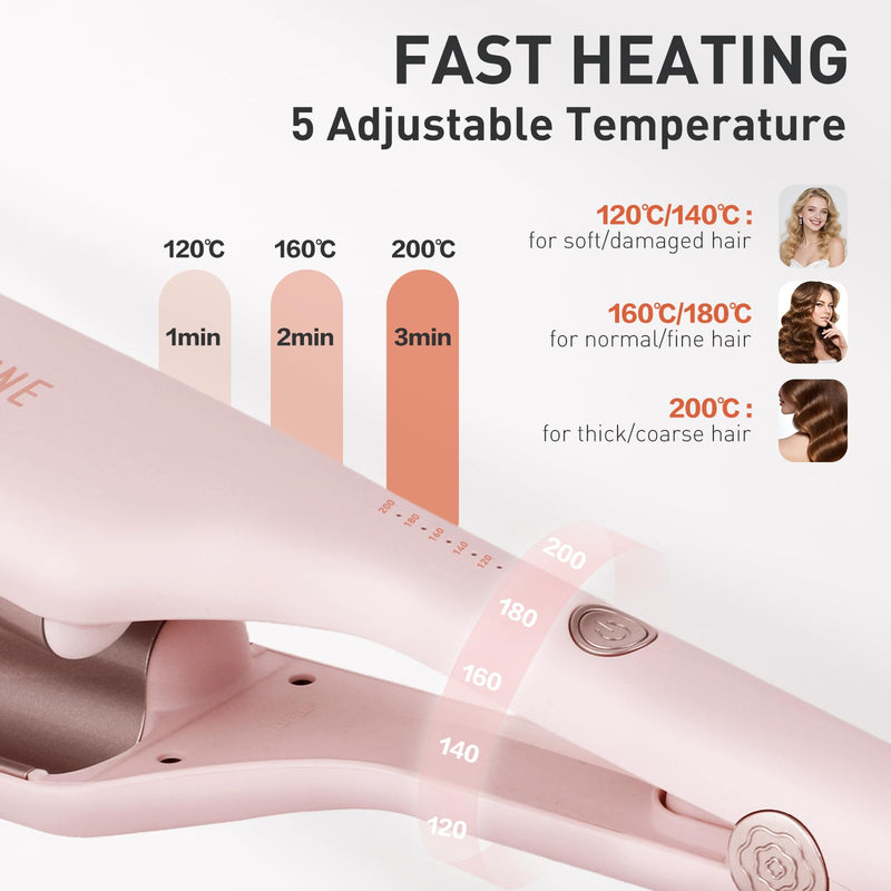  [AUSTRALIA] - TANSHINE 32mm Hair Waver Beach Wave Curling Iron Pink | Ceramic coating, 5 temp 120-200°C, CE anti-scald, dual voltage 110-240V, 60s heat-up, ions, all hair, hair crimper 1.25 Inch