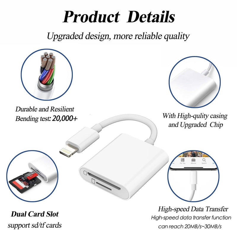 2-in-1 Sd Card Reader Supports SD and TF Card for iPhone iPad, Dual Card Slot Memory Card Reader Sd Card Adapter Portable Micro Sd Card Reader Trail Camera Viewer Plug and Play