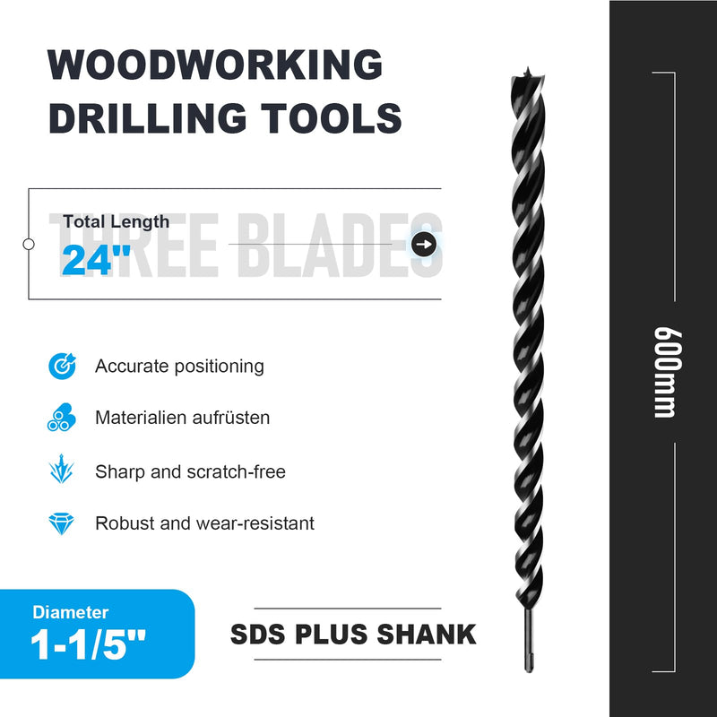 1-1/5" x 24" Auger Drill Bit with SDS Plus Shank for Wood,Tri Flute Ship Auger Long Drill Bit for Soft and Hard Wood,Tree Stump,Plastic,Drywall and Composite Materials 1-1/5"x24"