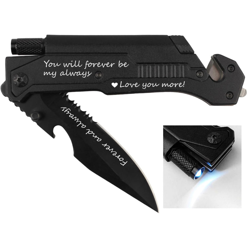 Husband Boyfriend Birthday Present, Pocket Knife with Box with 6 Functions, LED Light,Fire Starter,Bottle Opener,Seat Belt Cutter,Glass Breaker, Gift for Men, Anniversary, Father's Day Love-with box