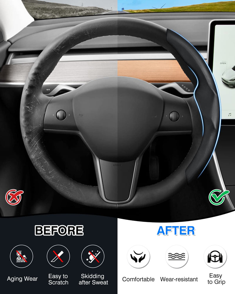  [AUSTRALIA] - Steering Wheel Cover for 2016-2026 Telsa Model 3/Y Highland/Juniper Accessories Steering Wheel Cover Protector Anti-Slip, Comfortable Grip, Breathable, Model 3/Y Accessories, Black Leather