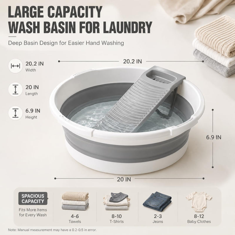 Washboard Basin for Hand Washing Clothes, 8 Gallon Collapsible Laundry Tub with Detachable Washboard, Dual Drain Design, Foldable Utility Wash Basin for Apartment, RV, Camping, Travel & Small Spaces Gray White 20"x20"