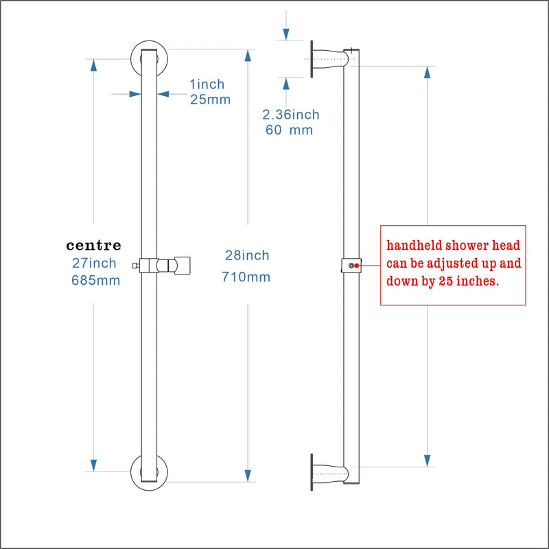 RRAJJ Shower slide bar that is installed by pasting or punching holes，Adjustable height 28 inch of all SUS304 stainless steel Shower Head Holder (all stainless steel- Brushed Nickel) all stainless steel- Brushed Nickel