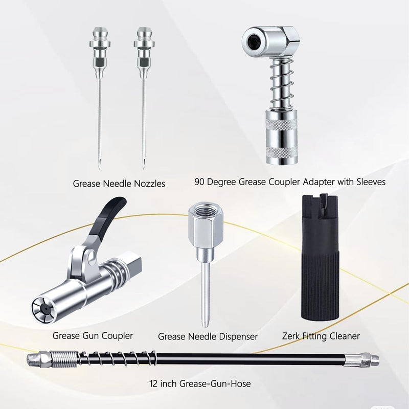 Grease Gun Accessory Kit,includes Grease Needle Dispenser, 2pcs Grease Needle Nozzles, 90 Degree Grease Coupler Adapter with Sleeves, Grease Gun Coupler, 12 Inch Grease-Gun-Hose, Zerk Fitting Cleaner