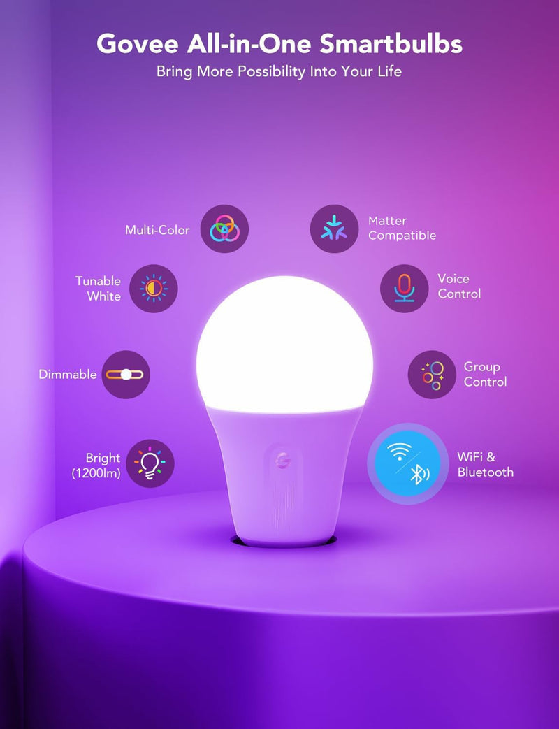 Govee Smart Light Bulbs 1200 Lumens, Color Changing Light Bulbs RGBWW Dimmable, Works with Matter, Alexa and Google Assistant, 12W 85W Equivalent A19 LED Bulbs for Bedroom Living Room, 2 Pack