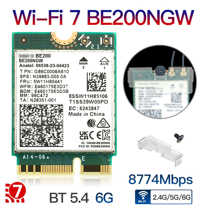 WiFi 7 Card BE200 M.2 Key E Tri-Band 6GHz/5GHz/2.4GHz Up to 5.8Gbps BT 5.4 Compatible with WiFi 7/6E/6/5 Routers for Windows 10/11 (Not Supported on AMD Motherboards)
