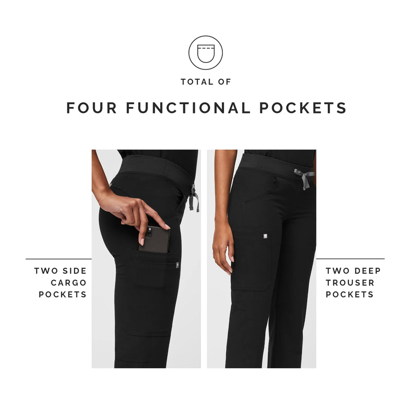 FIGS Kade Cargo Scrub Pants for Women — Classic Fit, Straight Leg, 4 Pockets, Yoga Waistband, Anti-Wrinkle Regular Small Black