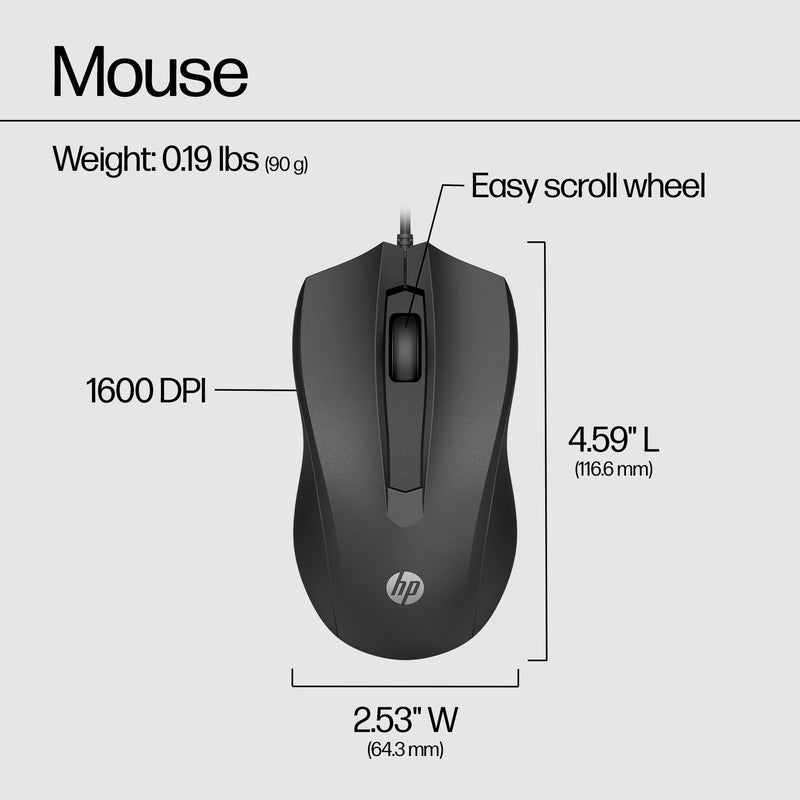 HP Wired Mouse 100 - Precise Optical Sensor with 1600 DPI - Easy USB Connection - Ambidextrous Design - 3 Button Control & Built-in Scrolling - Multi-OS Compatible (6VY96AA#ABL) New