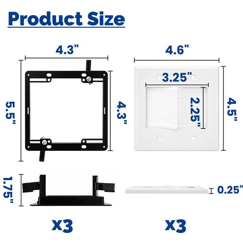 Tlence 6 Pack 2 Gang Brush Wall Plate with Brackets, Double Gang Cable Pass Through Wire Hider, Low Voltage Flush Mounting Wall Cover for Ethernet Cables, Coaxial, Speaker Wires, Wall Mounted TV