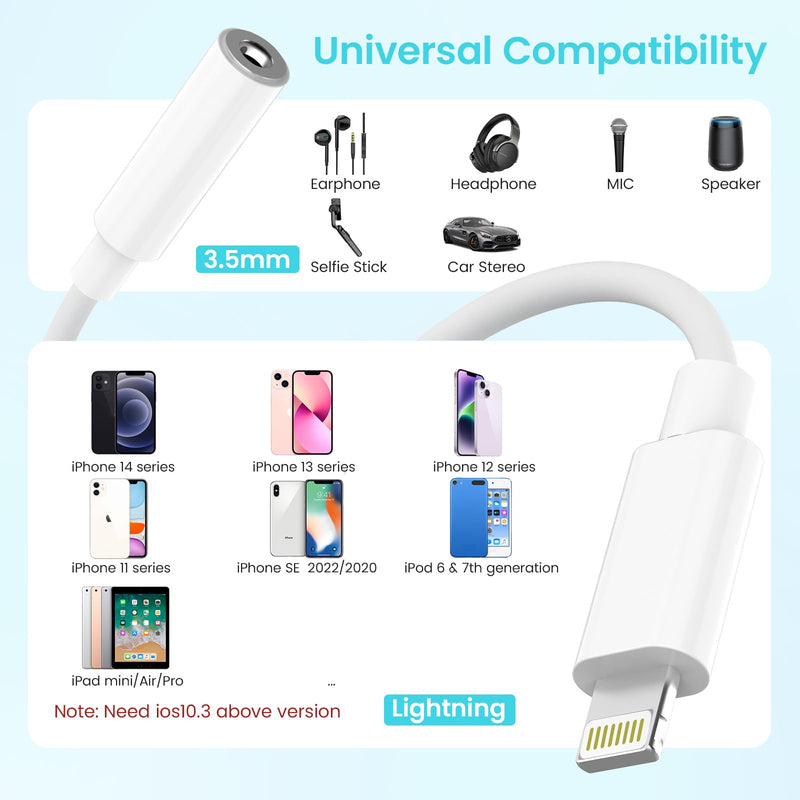 [Apple MFi Certified] 2 Pack Lightning to 3.5mm Headphone Jack Adapter for iPhone Aux Adapter Converter Dongle Audio Cable for Apple iPad/iPhone 14/13/12/11/X/XS - with Microphone
