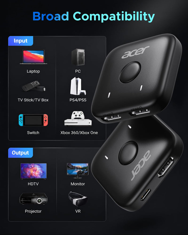 Acer HDMI Switch 2 in 1 Out, 4K60Hz Bidirectional 1 in 2 Out Video Switcher | Multi Port Adapter with HDR 3D HDCP Dolby, Monitor Switch for 2 Computers, AB Selector Box for TV Laptop Roku Gaming Consoles Black