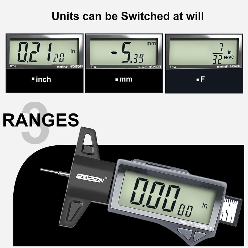 GODESON Digital Tire Tread Depth Gauge - IP54 Waterproof, 2.5" LCD Screen, 3 Modes (Fraction/Inch/MM), 1" Range, Auto-Off, Tire Wear Measure Gauge Tool 32nds for Car, Truck & SUV Tires IP54 IN/MM/FRAC - Grey