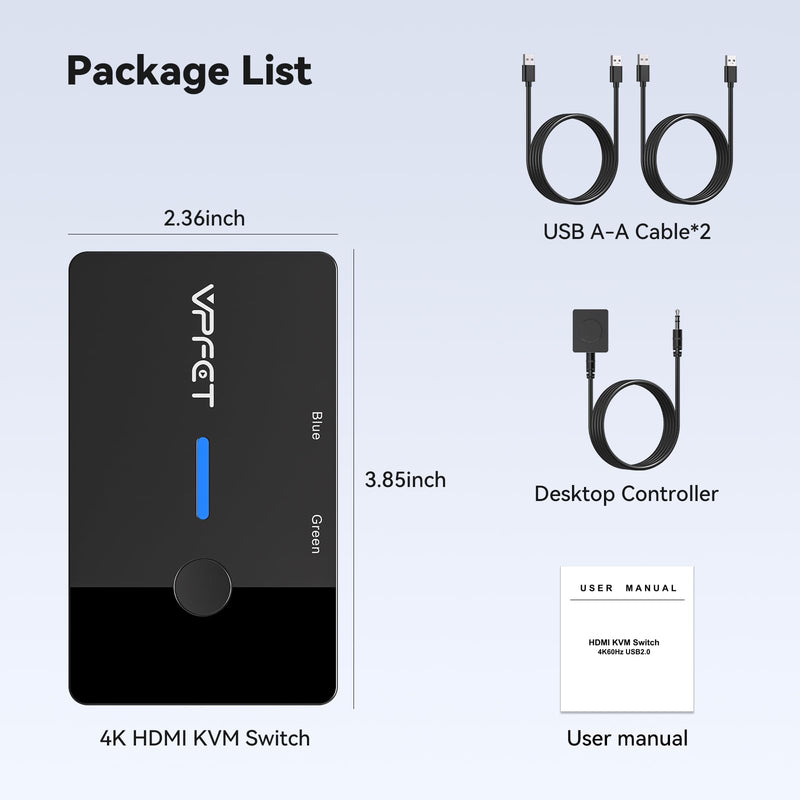 HDMI KVM Switch 1 Monitors 2 Computers 4K@60Hz USB KVM Switches 2 Ports for 2 PC Sharing Single Monitor and Keyboard Mouse with Wired Extend Controller Plug and Play Black