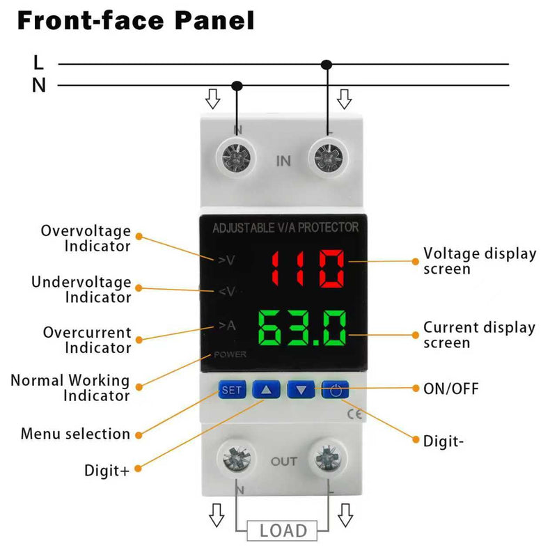 Voltage Protector, AC 110V 220V/DC 80-300V, 1-63A Adjustable Smart Circuit Breaker, Over Voltage & Under Voltage Cut Off, DIN Rail Mount, 2 Pack 63A-2 PCS