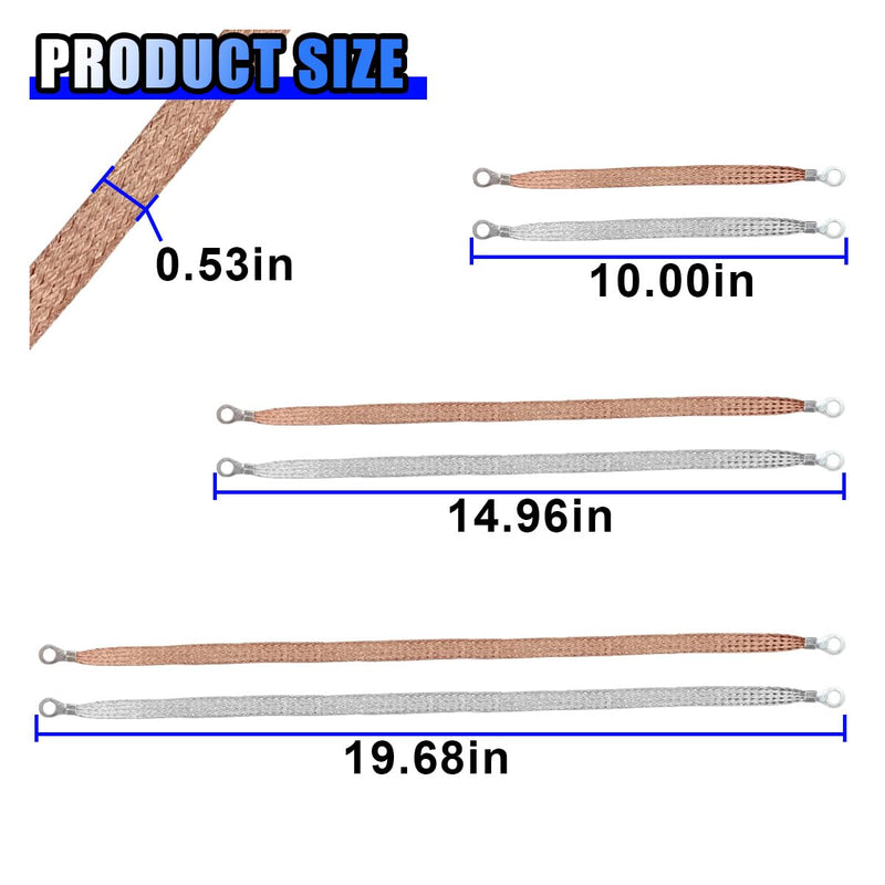 12 Pcs Universal Automotive Ground Straps, Tinned Copper Braided Ground Cable Strap with Ring Terminals, 10/15/20 Inch Auto Engine Grounding Strap for Most Vehicles