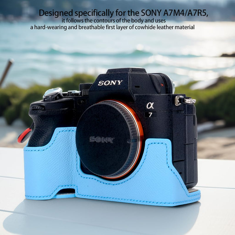Bowan for Sony A7 Mark IV Camera Case,Handmade Genuine Real Leather Half Camera Case Bag Cover for A7IV A7M IV A7M4 A7 Mark IV A7RV A7R5 Camera Bottom Opening Version + Hand Strap (Blue) Blue