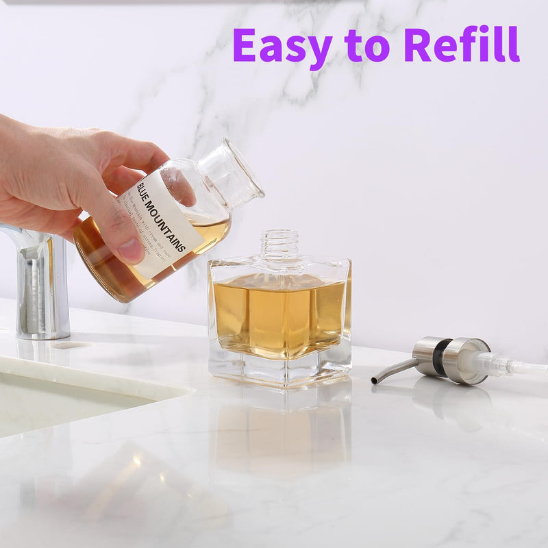  [AUSTRALIA] - Square Bathroom Soap Dispenser Brushed Nickel, Glass Bottles with Stainless Steel Pump Cube Liquid Soap Dispenser Hand Kitchen 8.4oz-Square