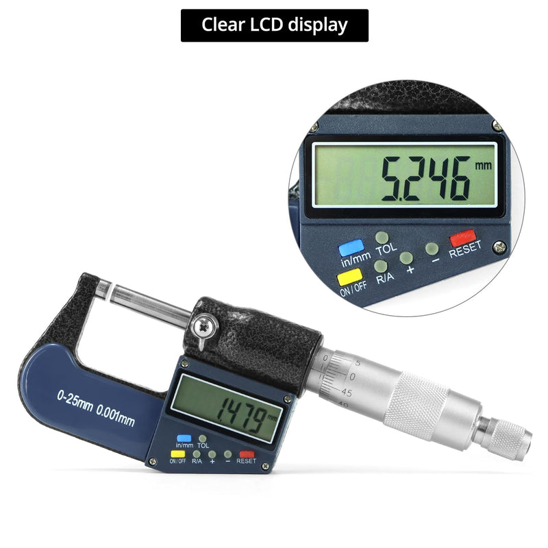 QWORK Digital Outside Micrometer with Carbide Tip, 0-1 Inch / 0-25 mm Measuring Range, High Accuracy ±0.002 mm, LCD Display