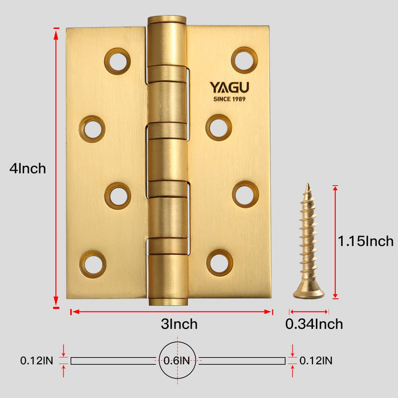 YAGU 3 Pack 4'' Door Hinges Brushed Gold 4 x 3 Inch - Square Corners Stainless Steel Heavy Duty Ball Bearing Hinges for Interior Doors Hardware