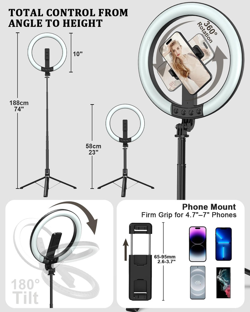Vlogging Kit for iPhone/Android, 10” Ring Light with Stand, 74” Tripod for iPhone with Light, Microphone, YouTube Starter Kit for TikTok Content Creator 74"