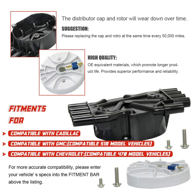 Ignition Distributor Cap and Rotor Kit Compatible with Chevy GMC Cadillac Vortec V8 5.0l 5.7l 7.4l Ignition Distributor Set Brass Terminals with OE Part # DR474 DR331 5.0L&5.7L Distributor Cap