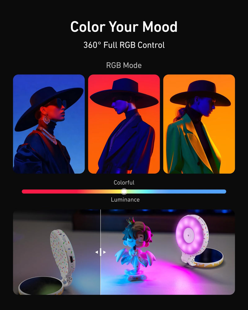 TELESIN Magnetic Selfie Light for iPhone Magsafe and Android | 360° Rotating Full Color RGB Phone Light with Mirror & Stand, LED Selfie Ring Fill Light for Pictures, TikTok, Vlog, Makeup