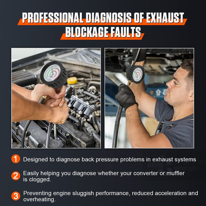 DUOYI Exhaust Back Pressure Tester Kit with 6-Foot Hose,Professional Diagnosis Automotive Exhaust Back Pressure Gauge Kit Shockproof 2.5" HD Gauge,with M12 & M18 Adapter Black