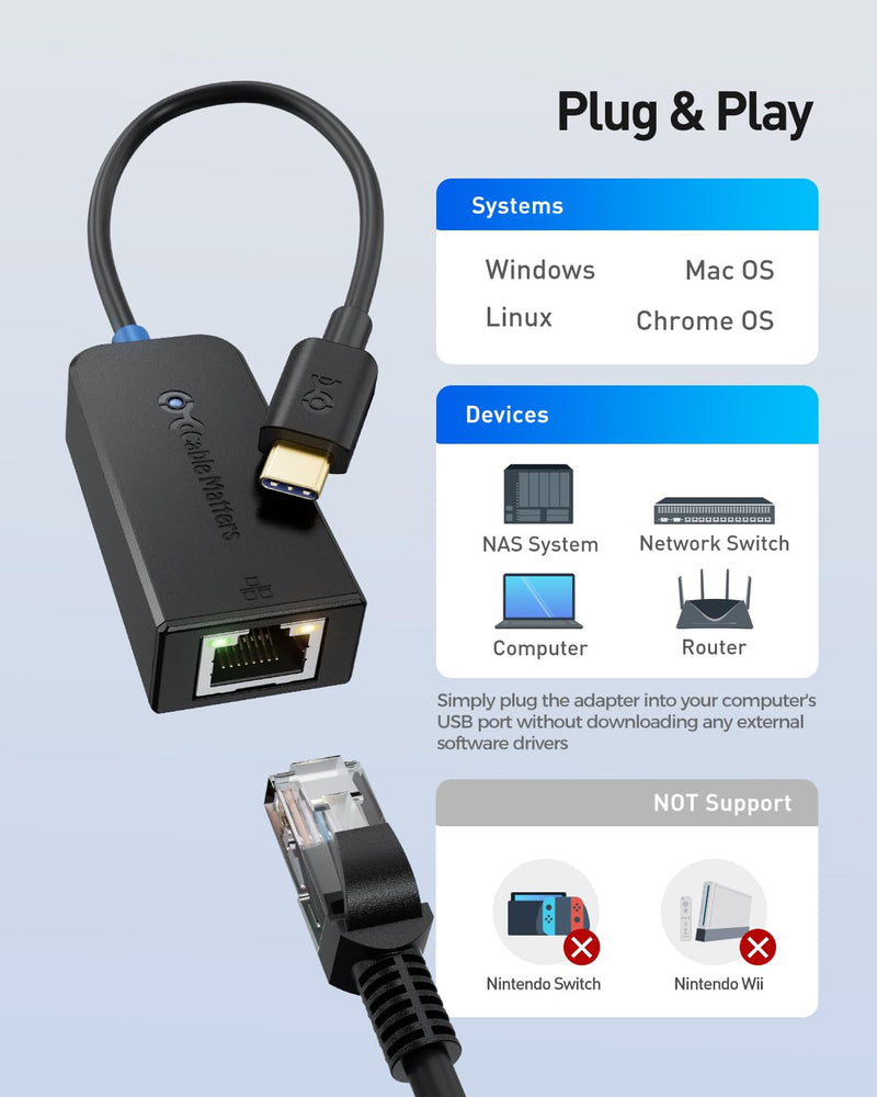 Cable Matters USB C to 2.5Gb Ethernet Adapter, USB-C to 2.5 Gigabit Ethernet, 2.5Gb USBC Network Adapter - Compatible with Thunderbolt 5/4 for MacBook, Not Work with Mac mini