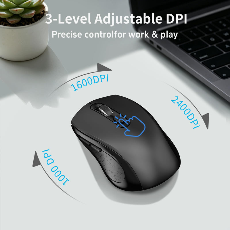 Ergonomic 6 Key Silent Side Button Wireless Mouse Black | 1000/1600/2400 DPI adjustable, anti-slip scroll wheel, USB nano receiver, compatible with Laptop, PC, Chromebook & Mac