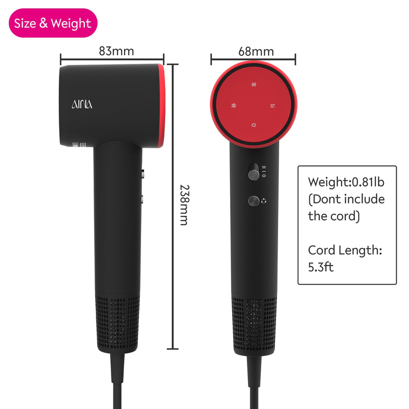 AINA High Speed Hair Dryer,brushless Motor,150,000RPM Lightweight, Ionic&Travel (1A Red) 1a Red