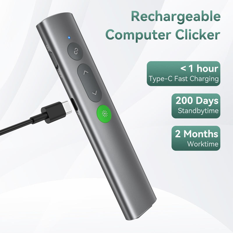 Wireless Presentation Clicker PowerPoint Remote: USB C A Presenter PPT Power Point Google Slide Advancer with Green Laser Pointer Smart Board Clicker for Computer Laptop Mac Projector Office Classroom Metal Green Laser