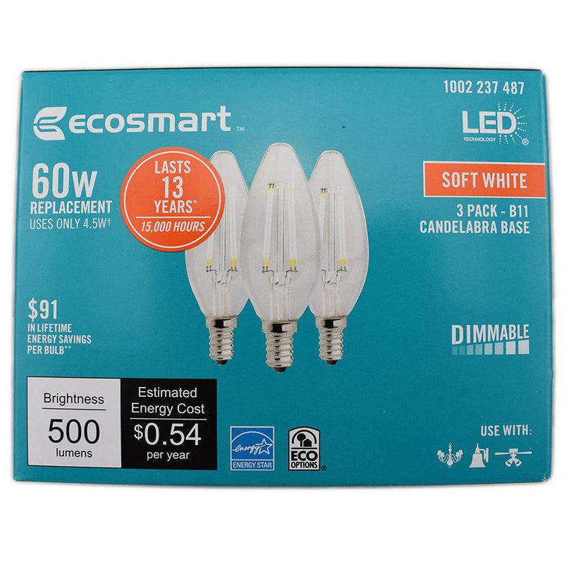 Ecosmart 60W Equivalent Soft White B11 Filament E12 Energy Star and Dimmable LED Light Bulb (3-Pack)