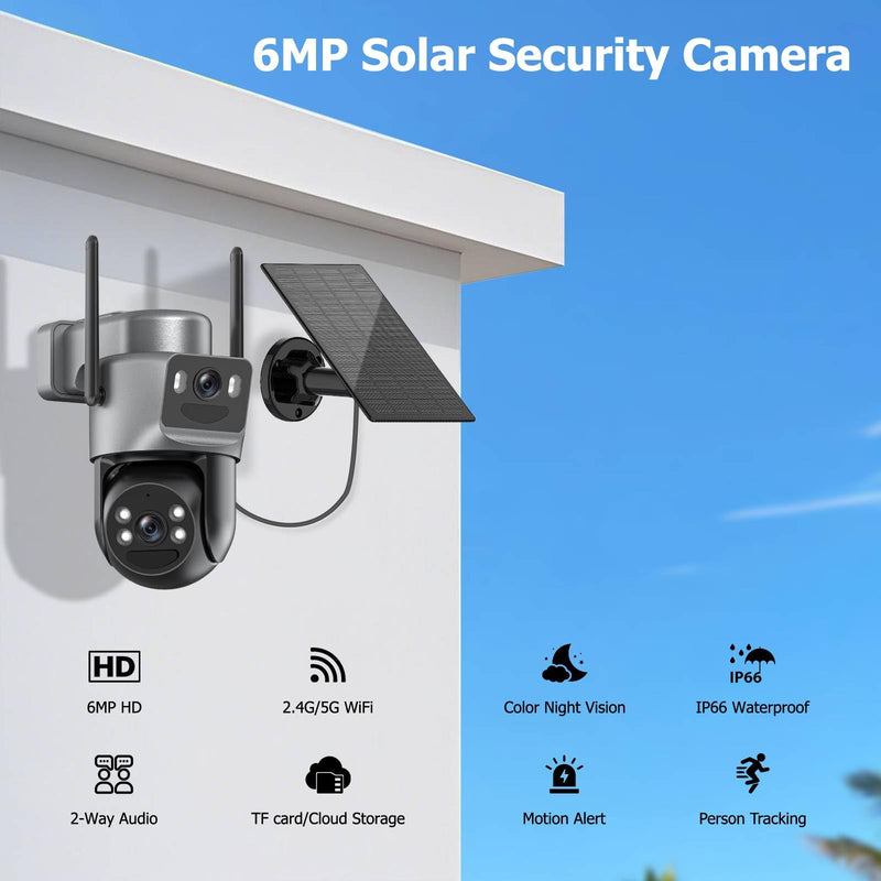Kurain 6MP Solar Security Cameras Wireless Outdoor, 5ghz & 2.4ghz WiFi 6, Panoramic & Tracking Dual Lens 2-in-1 Home Security Camera with Color Night Vision/PIR Motion Alarm/Human Tracking/360°PTZ Grey