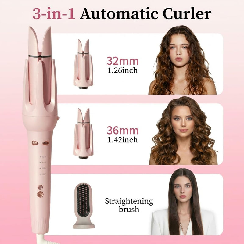  [AUSTRALIA] - 3 in 1 Automatic Hair Curler, Curling Wand with 32mm/36mm Ceramic Barrel, Hair Straightener Brush, 360° Rotating Curling Iron with 4 Temps Fast Heating(Pink) Pink