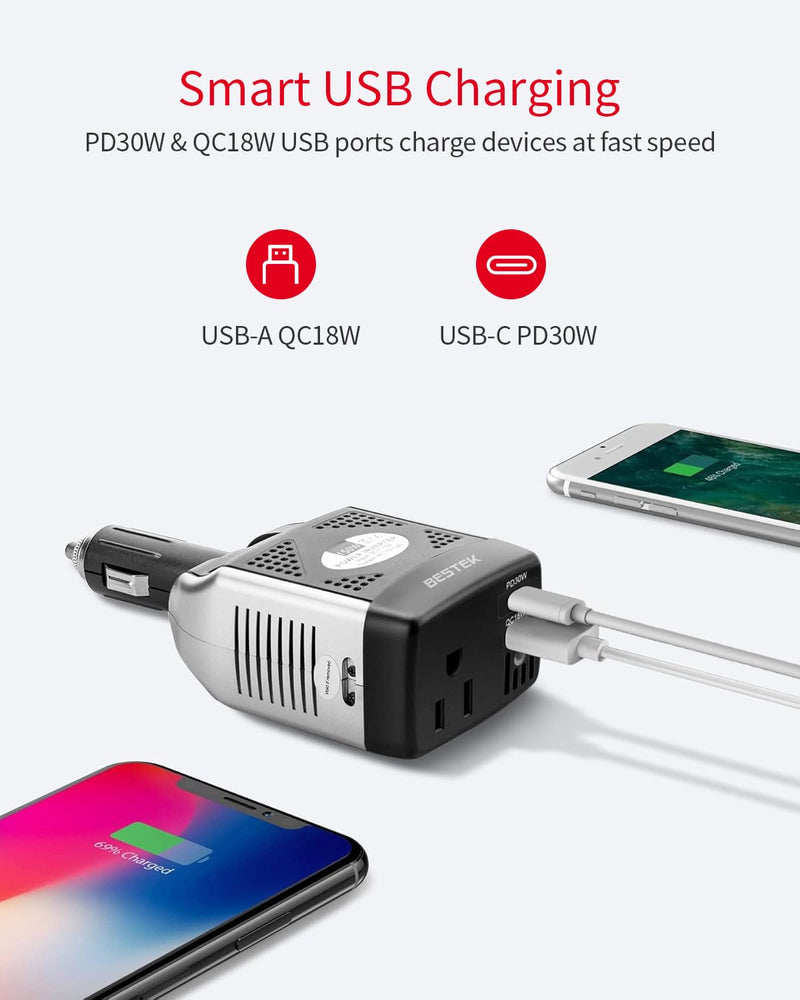 BESTEK 150W Power Inverter 12V to 110V Voltage Converter PD30W QC18W Car Charger Power Adapter with Charging Ports