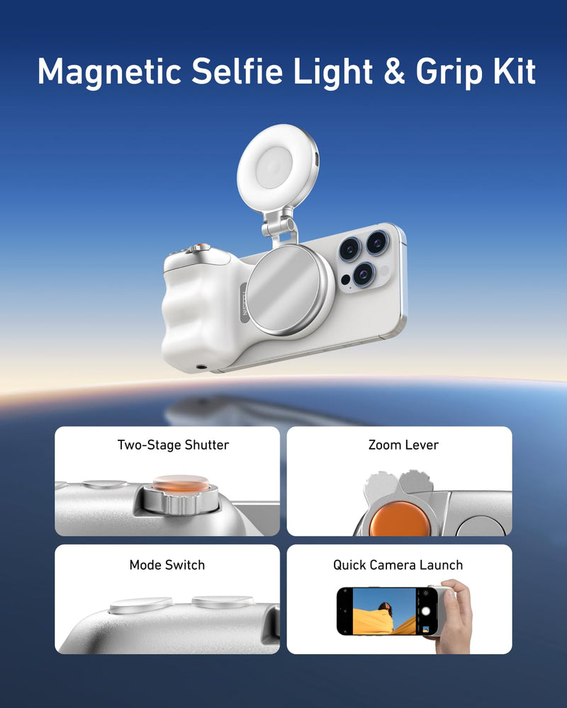 TELESIN Fun Shot Magnetic Phone Camera Grip + C03 Magnetic Selfie Light (Silver) Bundle Kit Compatible with iPhone Magsafe & Android, Creator Kit for Selfies/Photography/TikTok/Zoom Calls/Video Fun Shot Grip Kit