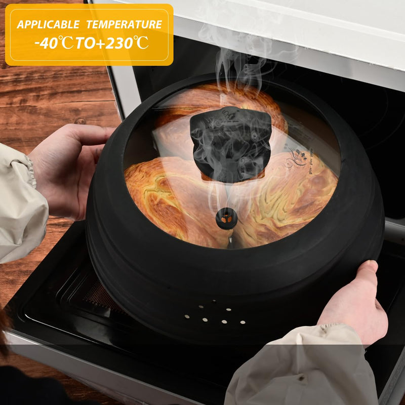 Microwave Splatter Cover Vented Glass Splatter Guard Lid with Collapsible Silicone for Food as Pot Cover Plate 10.8 inch for 6 7 8 9 10 inch Plate Bowl Black