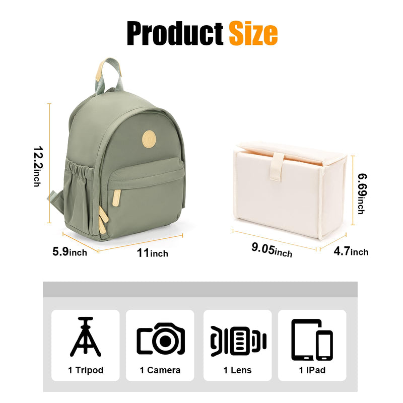 Cwatcun Camera Backpack for Women, Compact DSLR Bag with Tripod Strap | Fits 1body+1lens+10.9"iPad. Removable dividers, 18mm padding,tripod strap, anti-theft pocket, lightweight 0.96kg. Green 1.0 Small