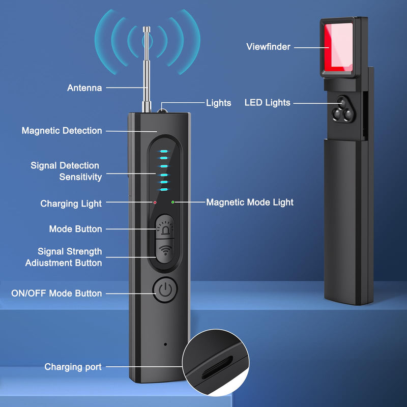 Hidden Camera Detector, 2026 AI Upgraded Spy Camera Finder | 5 Sensitivity Levels 4 Detection Modes, 25H Working Time, Signal Scanner Device Finder for Hotel Car Office Home Travel Black