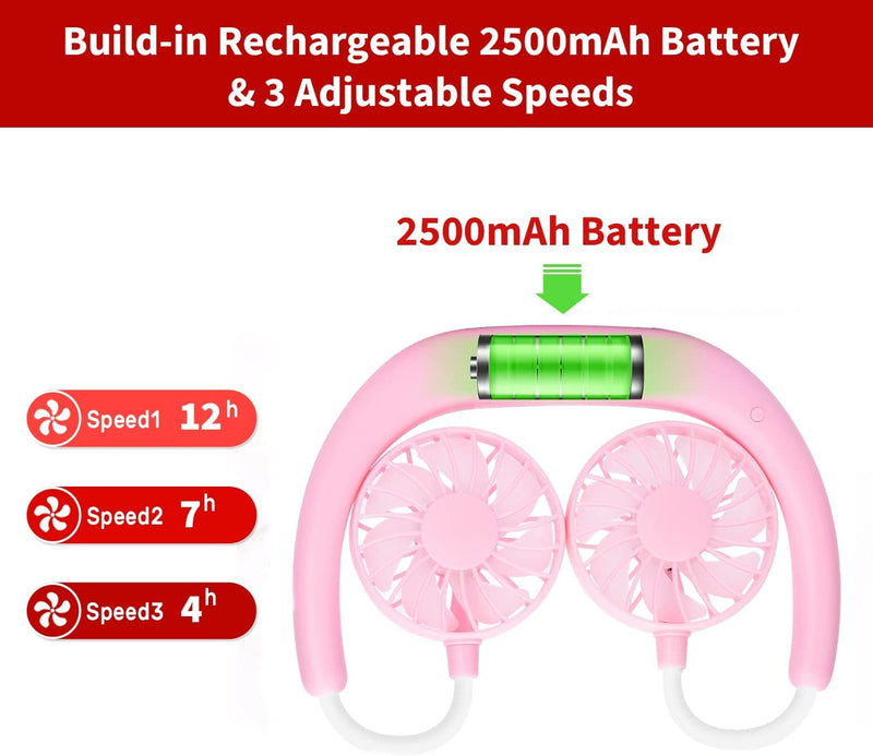 Portable Neck Fan Rechargeable Personal Hand-Free Fan Mini USB Wearable Neckband Sport Fan, 3 Speed Adjustable, 360 Degrees Free Rotation Perfect for Working, Traveling, Office, Reading (Pink) Pink