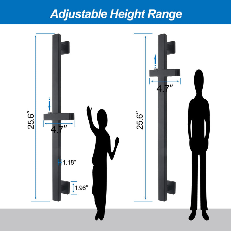 Bathroom Shower Slide Bar, Adjustable Handheld Shower Holder Wall Mount Shower Bar Stainless Steel, Matte Black Square Slide Bar