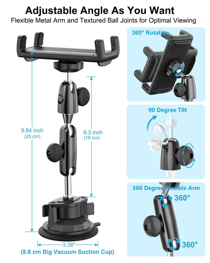 Z Fold Car Holder, Windshield Mount for Foldable Phone, Super Suction Cup | 360° Metal Arm Truck Dashboard Tablet Phone Stand for Galaxy Z Fold 8 7 6 5 4 3 2, Pixel Fold, Galaxy Tab, 4-13" Device