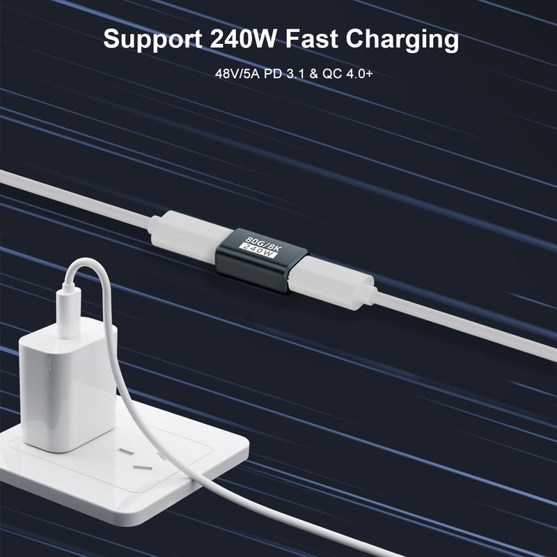AreMe 80Gbps USB-C Male to Male Adapter 2 Pack, Grey | 240W, 16K/Dual 8K, Type C Coupler Connector Extender, Compatible with Thunderbolt 5/4/3 Grey-M/M