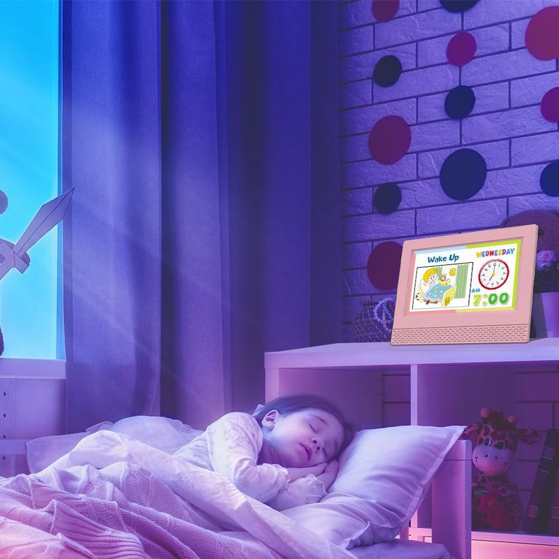 Kids Digital Alarm Clock Colorful, 7" Large LED Time Display Children's Sleep Trainer, Eye-Caring Digital Clock for Girls Boys Bedrooms Bedside, 17 Alarm Clock Settings Easy to Use Kids Birthday Gift Pink