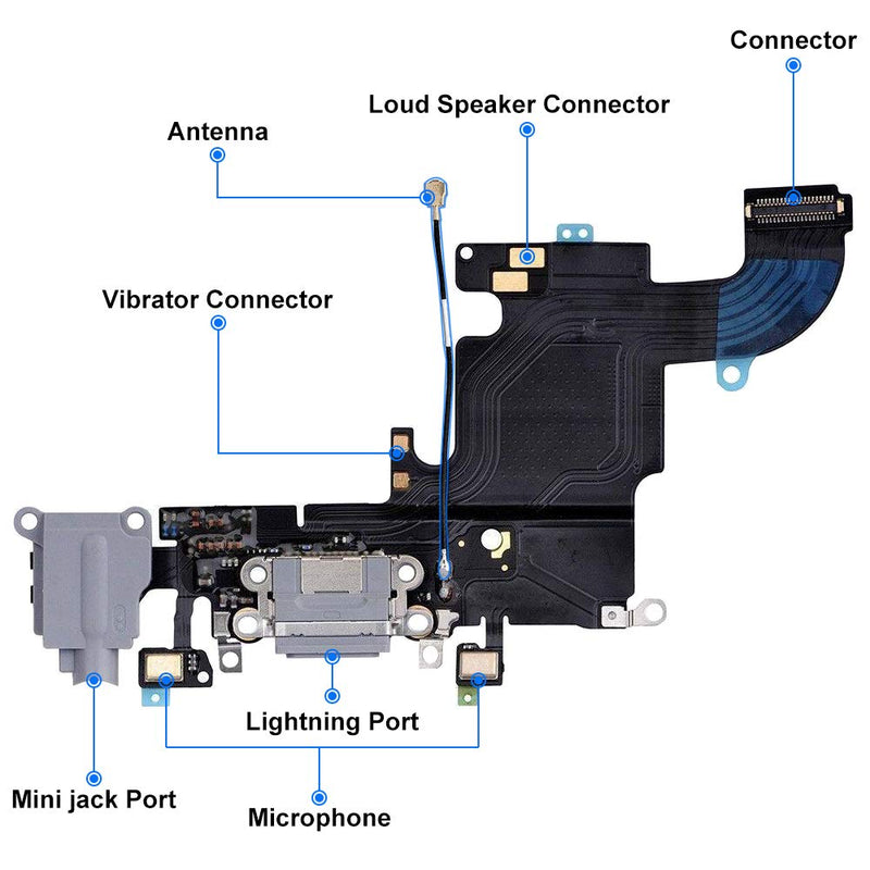 MMOBIEL Charging Connector Compatible with iPhone 6S 2015 – Dock Connector – Replacement Cable – with Audio Jack/Microphone/Antenna Replacement – Includes Screwdriver – Grey Black