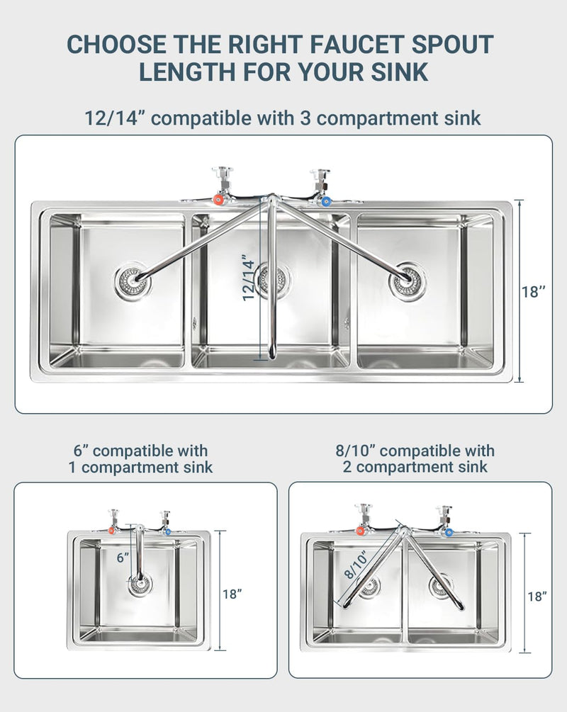 Commercial Faucet Parts 14 Inch Swivel Spout Replacement Kit for Commercial Kitchen Sink Faucet 1.8 GPM Stainless Steel Swivel Swing Add-on Nozzle for 2 or 3 Bay Compartment Sinks