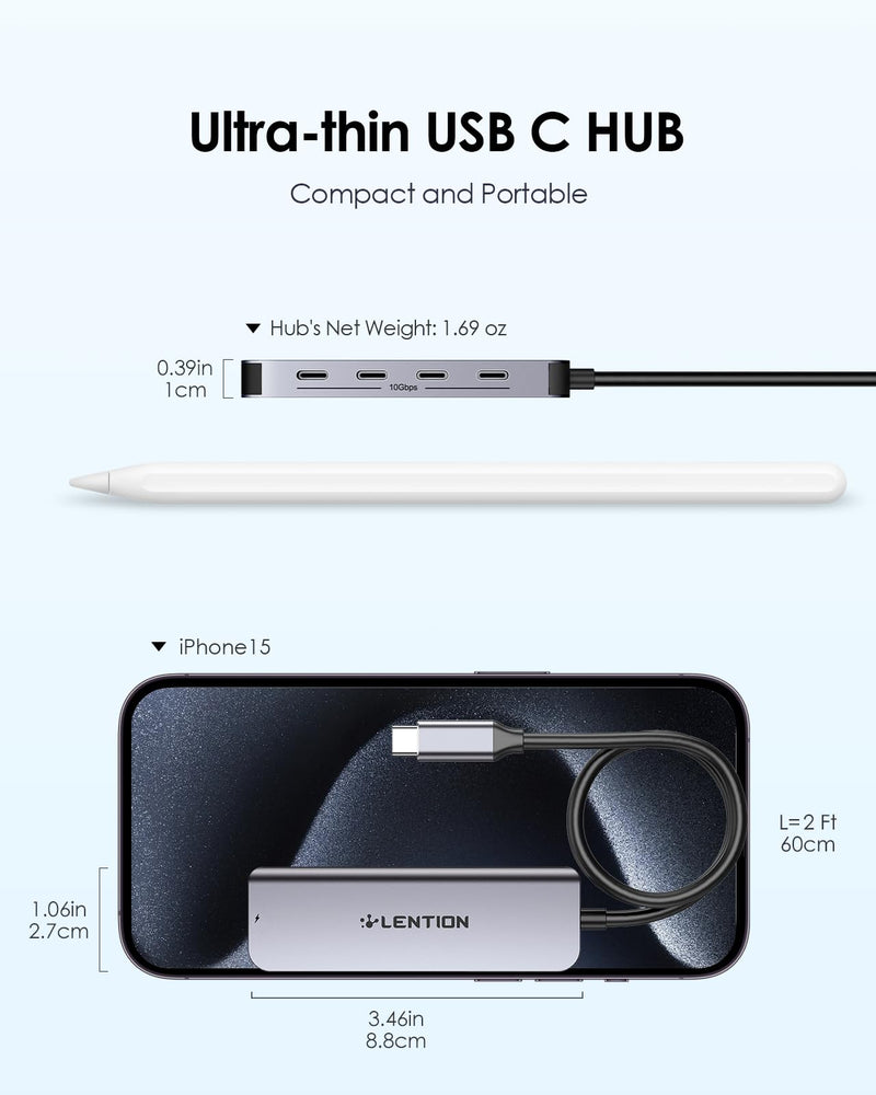 LENTION 2FT Long Cable USB C Hub with 4 x USB C Ports (USB 3.2 Gen 2, 10 Gbps,Thunderbolt Speed), 100W PD Charging, Compatible 2023-2016 MacBook Pro, New Mac Air/Surface, More (CE31s, Space Gray)