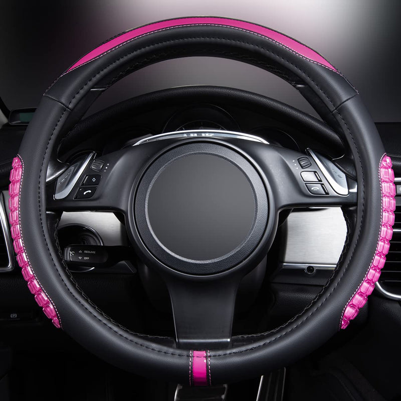 Flying Banner car Steering Wheel Cover Gel Massage Velvet Cool Warm Universal Size 15 inches SUV Truck Anti Slip Odorless Summer Winter (Black Pink, Gel Massage) Black Pink