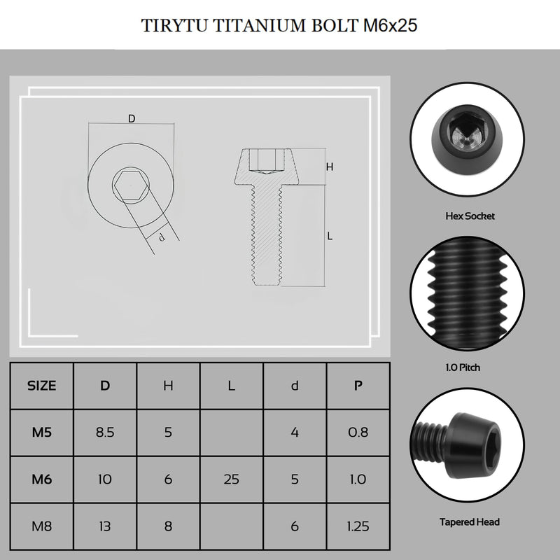 M6x25mm Titanium Bolts - Tapered Head Hex Socket Screws for Bike, Motorcycle, Marine | Corrosion Resistant in Salty/Humid Conditions, Lightweight Fasteners | Black （6PC M6X25